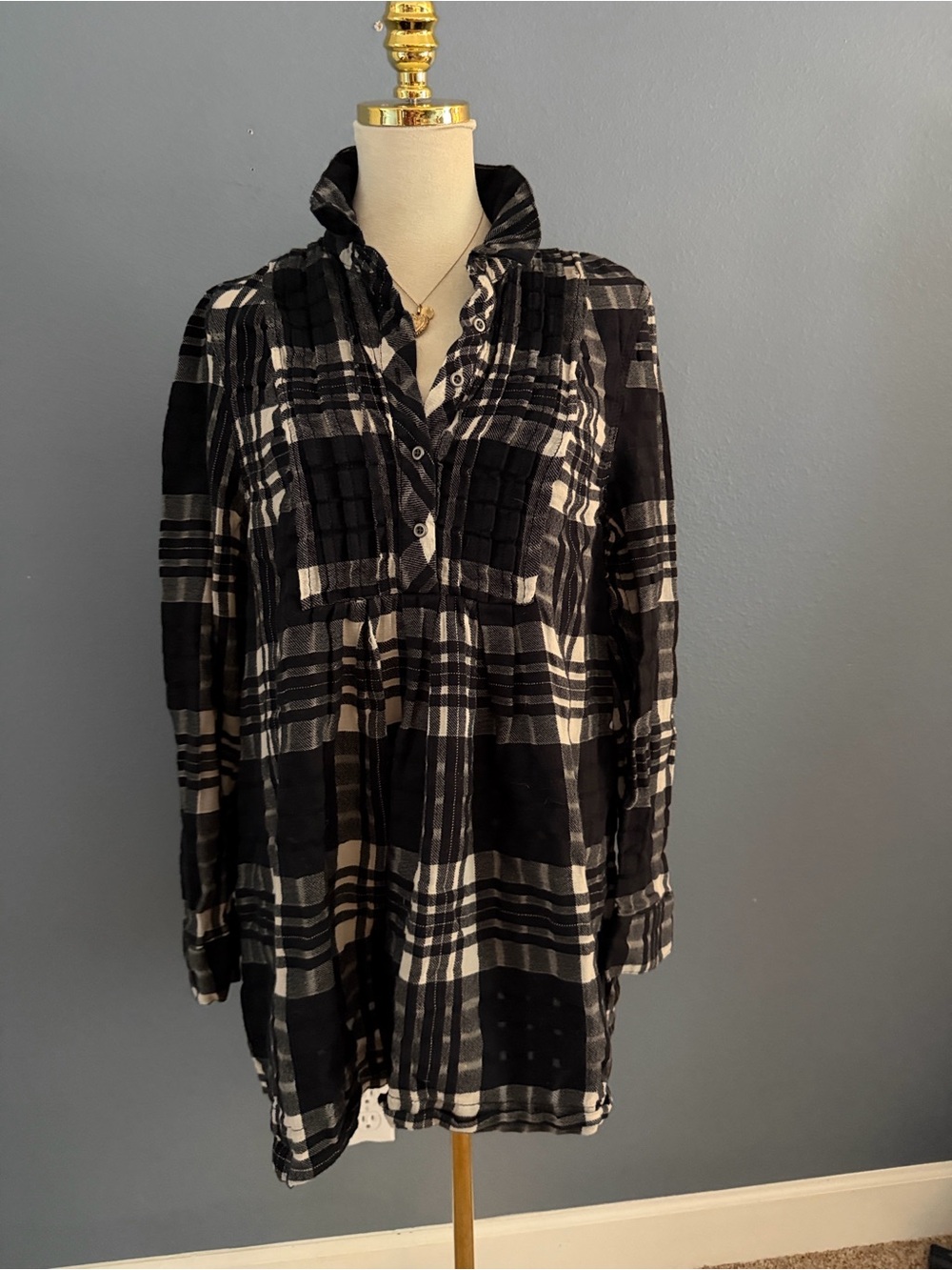 Black & White Plaid Button-Front Tunic Shirt Dress Free People